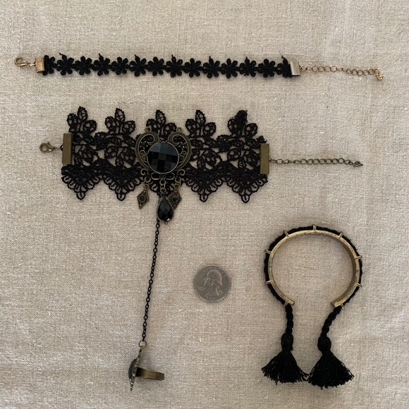 Gothic Victorian Black Lace Bracelet Ring Chain Set, Choker & Tassel Cuff Bundle - Picture 1 of 8